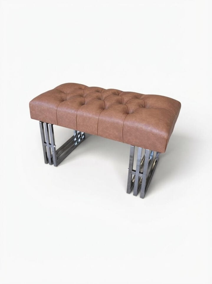 Taba Deri Kapitoneli Krom Ayaklı Lüks Bench / Puf