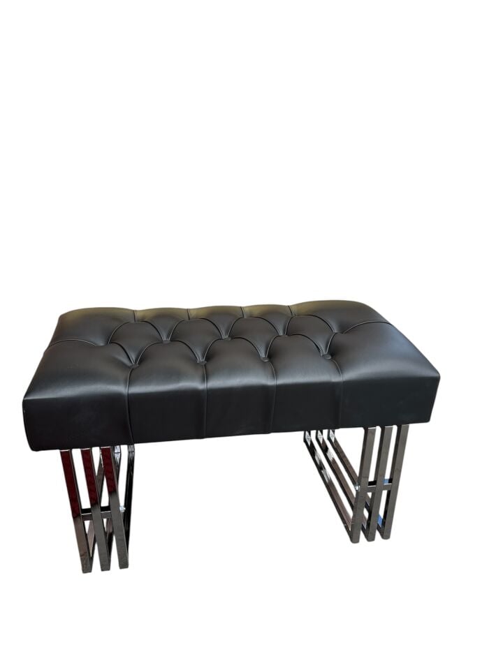 Siyah Deri Kapitoneli Krom Ayaklı Lüks Bench / Puf