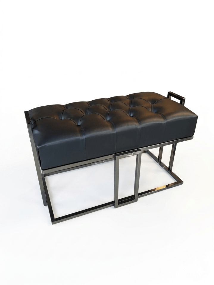 Siyah Deri Kapitoneli Kulplu Lüks Bench / Puf