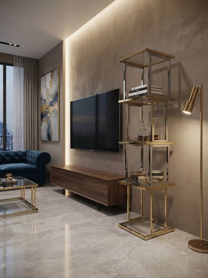 Gold ve  Krom Detaylı Şeffaf Camlı Modüler Kitaplık Seperatör Raf