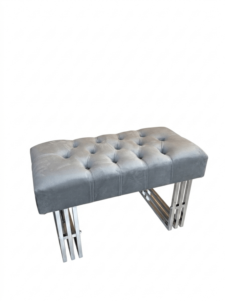 Gri Kadife Kapitoneli Krom Ayaklı Lüks Bench / Puf