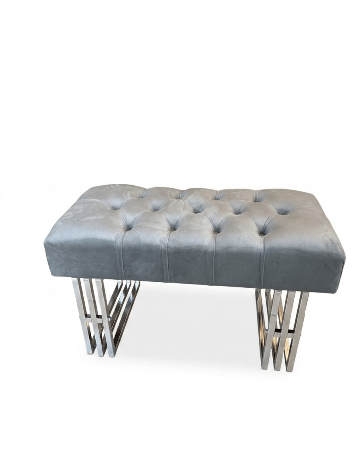 Gri Kadife Kapitoneli Krom Ayaklı Lüks Bench / Puf