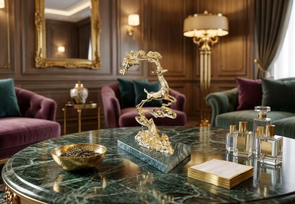 Yeşil Mermer Kaideli Gold Ceylan ve Bonsai Ağacı Objesi – Sanatsal Dekoratif Biblo