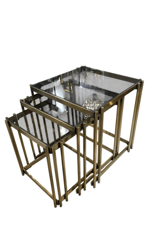 Modern Antik Eskitme Gold 3’lü Zigon Sehpa Seti - Füme Cam Tablalı Metal Sehpa