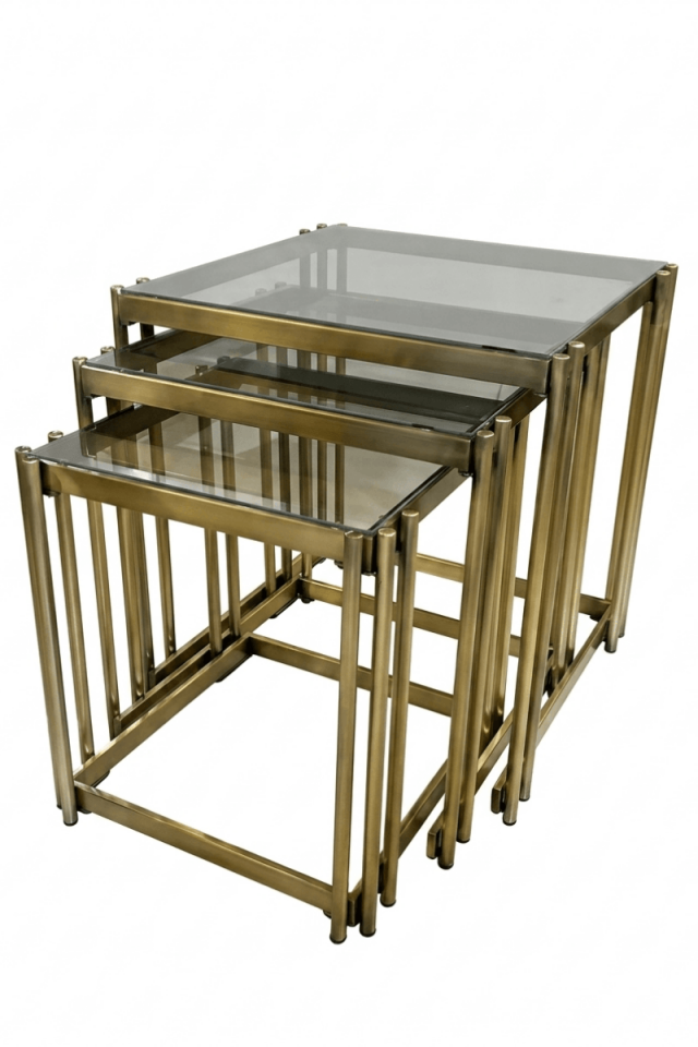 Modern Antik Eskitme Gold 3’lü Zigon Sehpa Seti - Füme Cam Tablalı Metal Sehpa