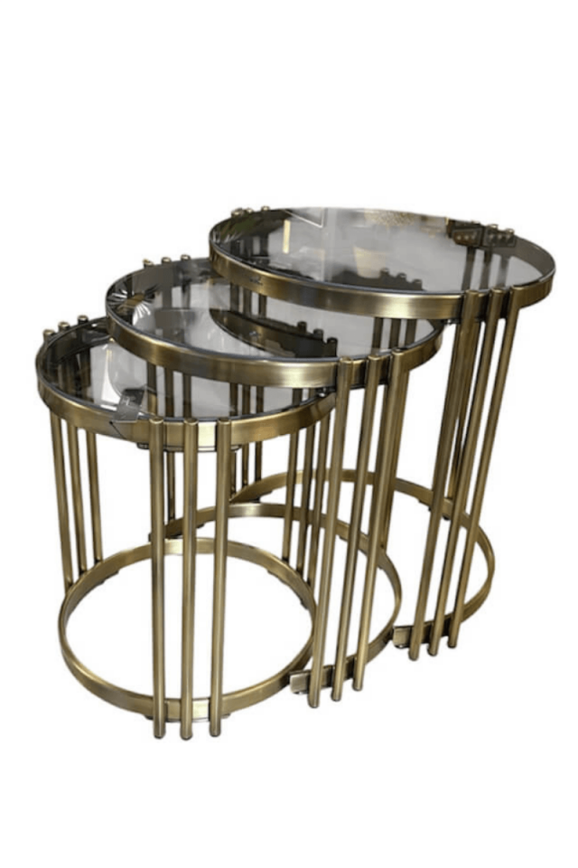 Modern Antik Eskitme Gold Yuvarlak 3’lü Zigon Sehpa Seti - Şeffaf Cam Tablalı Metal Sehpa