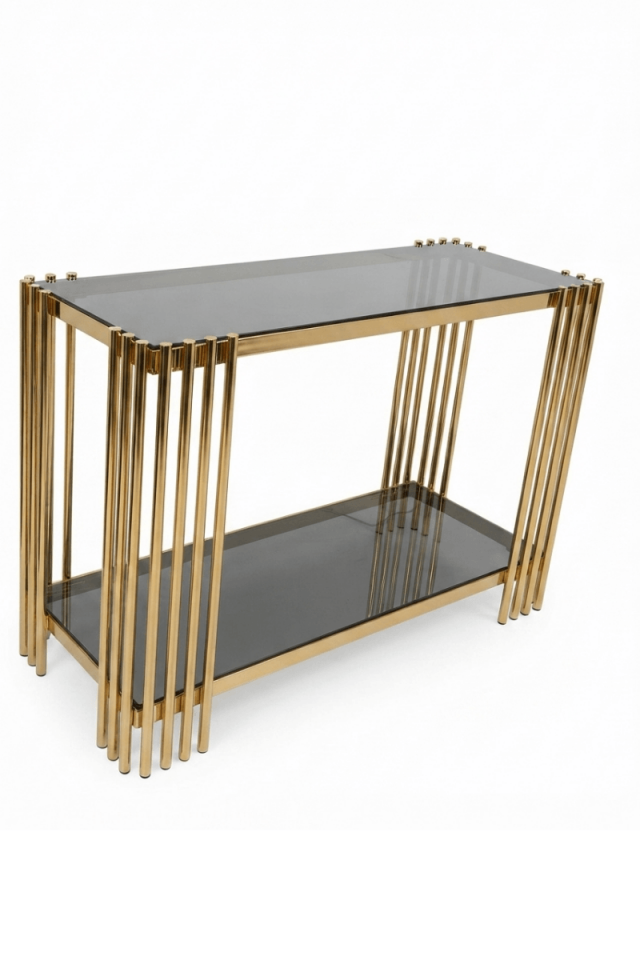 Modern Gold Metal Dresuar - Füme Camlı İki Katlı Antre ve Salon Konsolu