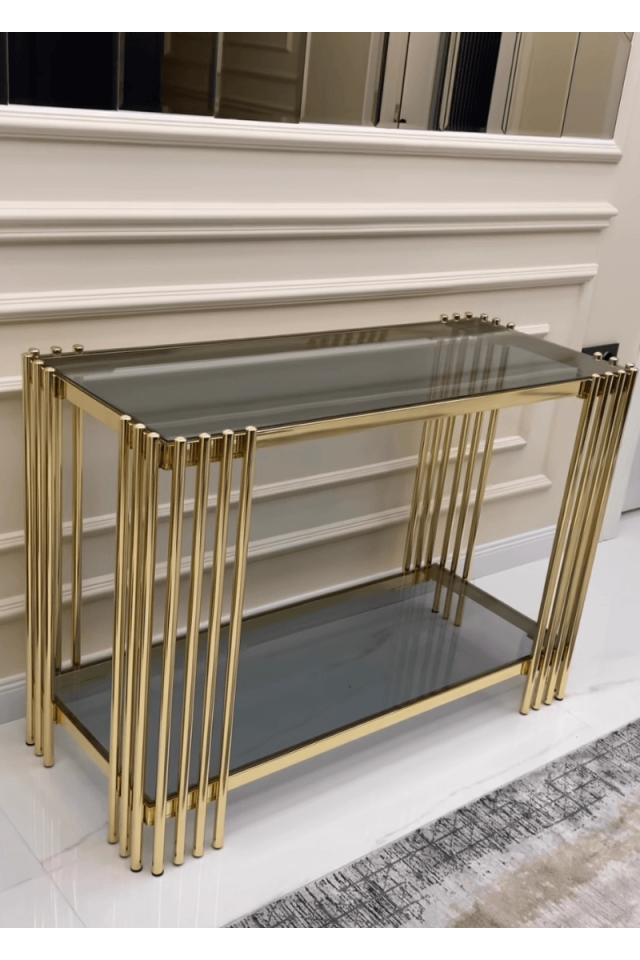 Modern Gold Metal Dresuar - Füme Camlı İki Katlı Antre ve Salon Konsolu