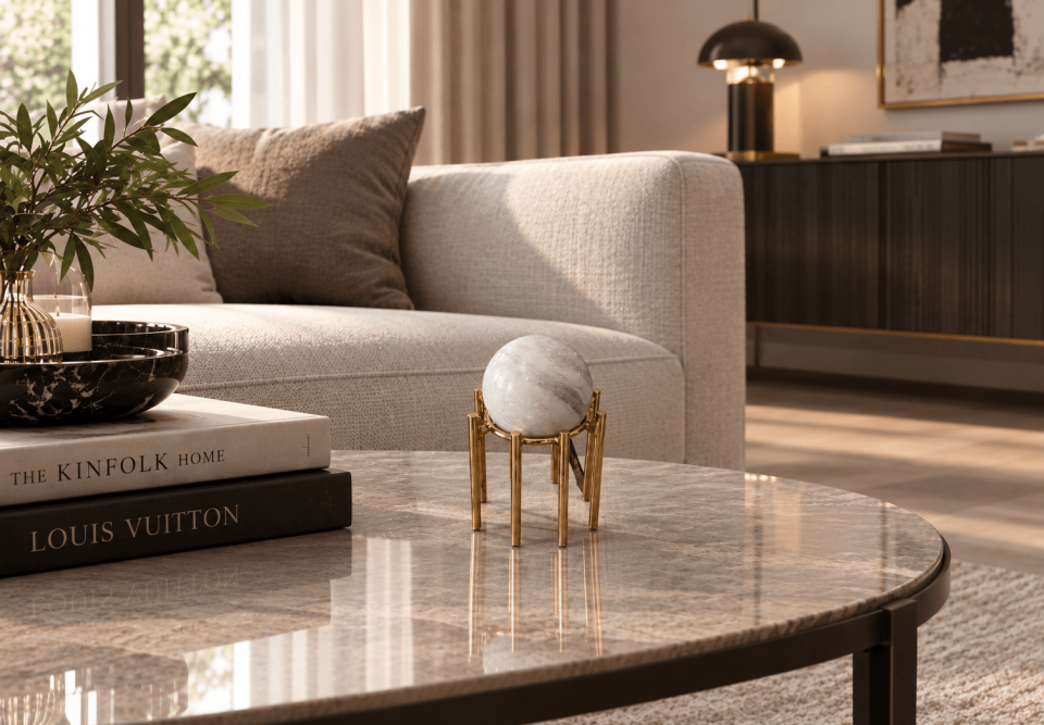 Eskitme Gold Metal Standlı Mermer Küre Dekoratif Obje Büyük Boy