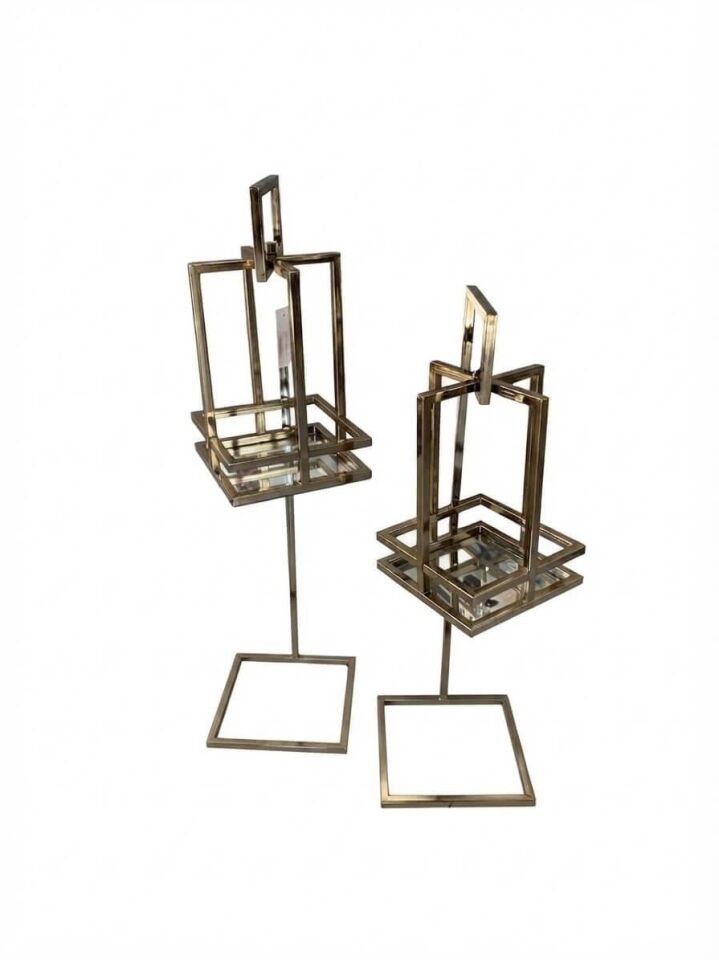 Bronz ikili Fener – Modern Geometrik Tasarımlı Dekoratif Metal Mumluk & Aksesuar Standı