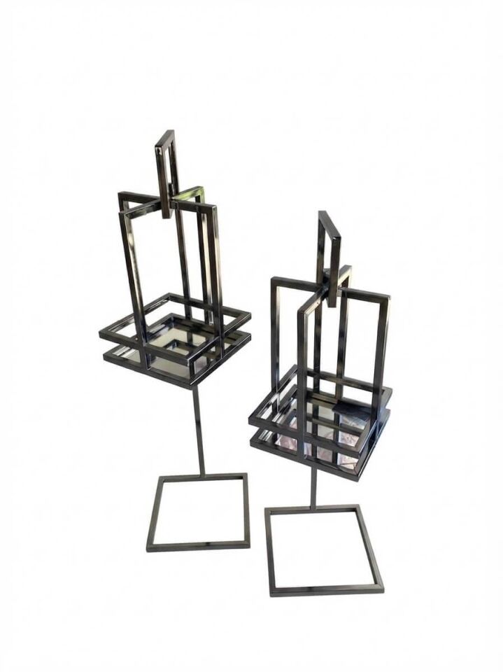 Füme İkili Fener – Modern Geometrik Tasarımlı Dekoratif Metal Mumluk & Aksesuar Standı