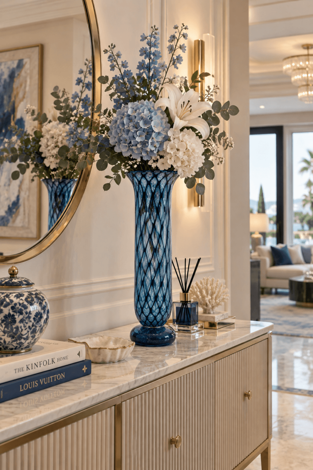 Mavi Elmas Desenli Dekoratif Cam Vazo