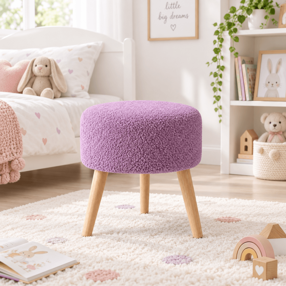 Lila Bukle Kumaş Doğal Ahşap Ayaklı Yuvarlak Dekoratif Puf