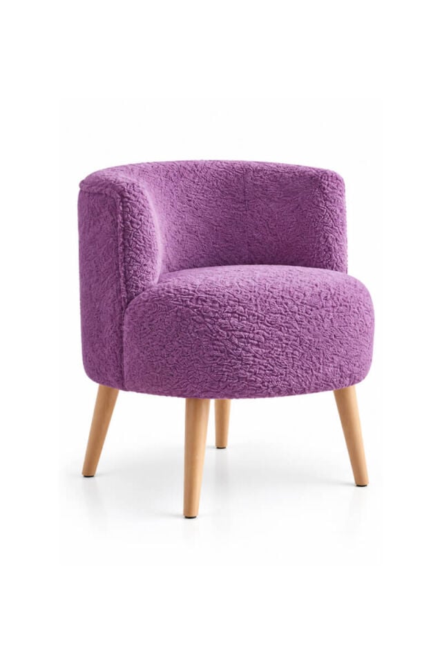 Lila Bukle Kumaş Doğal Ahşap Ayaklı Modern Berjer Koltuk