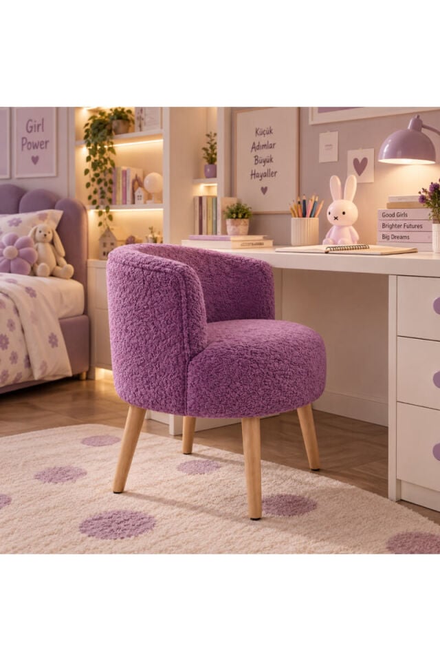 Lila Bukle Kumaş Doğal Ahşap Ayaklı Modern Berjer Koltuk