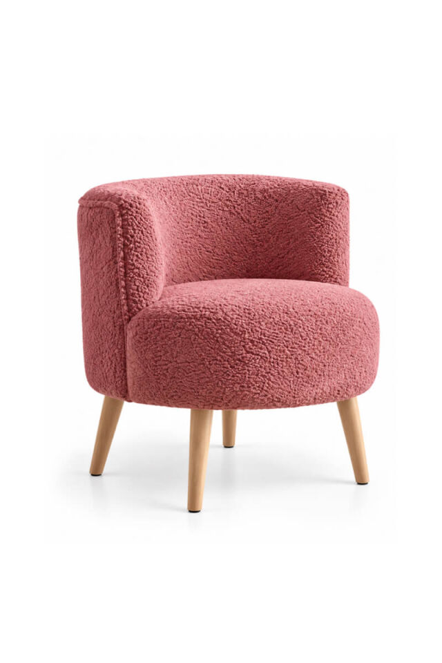 Pembe Bukle Kumaş Doğal Ahşap Ayaklı Modern Berjer Koltuk