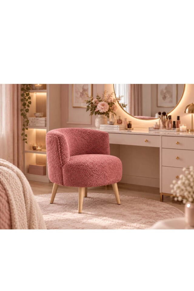 Pembe Bukle Kumaş Doğal Ahşap Ayaklı Modern Berjer Koltuk