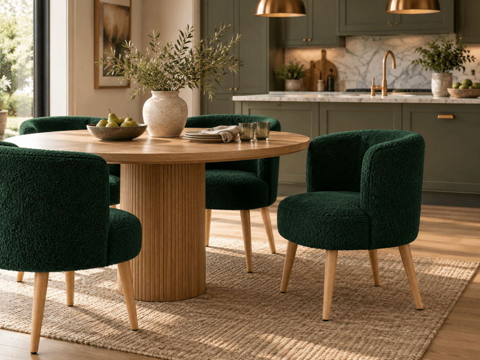 Koyu Yeşil Bukle Kumaş Doğal Ahşap Ayaklı Modern Berjer Koltuk