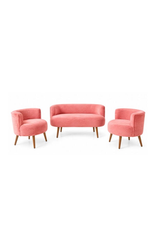 Pembe Bukle Kumaş Ahşap Ayaklı 2+1+1 Oturma Grubu