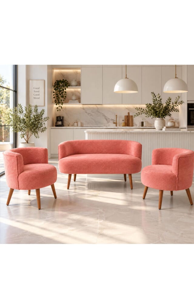 Pembe Bukle Kumaş Ahşap Ayaklı 2+1+1 Oturma Grubu