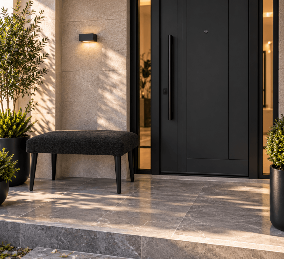Siyah Dokulu Kumaş Döşemeli Siyah Ayaklı Modern Bench