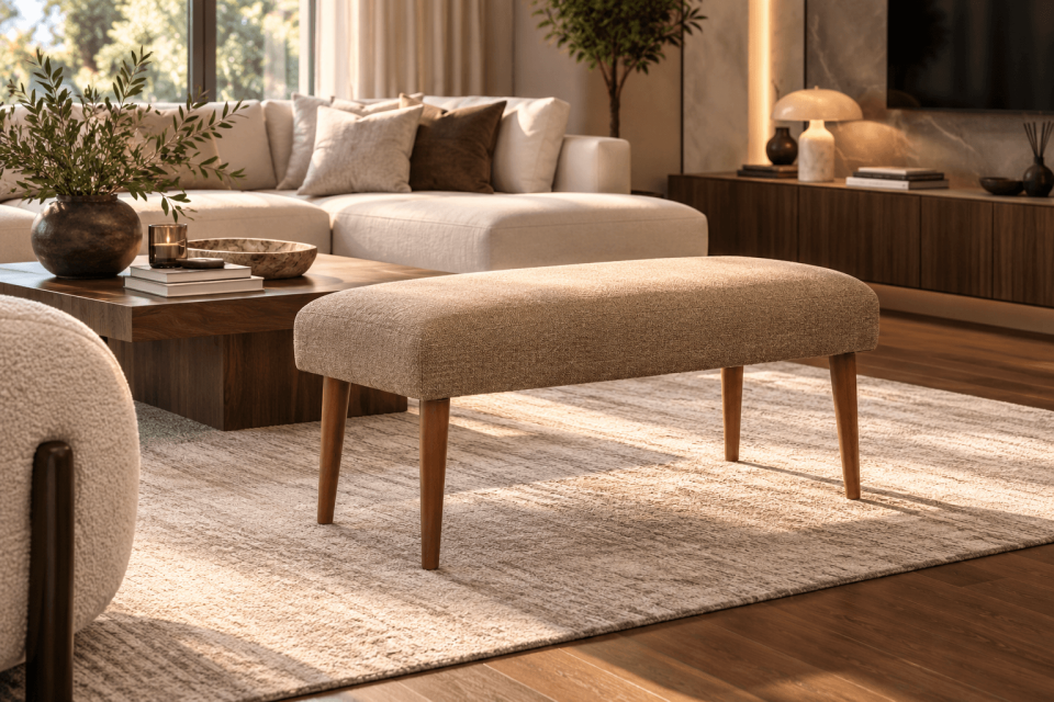 Vizon Dokulu Kumaş Döşemeli Ahşap Ayaklı Modern Bench