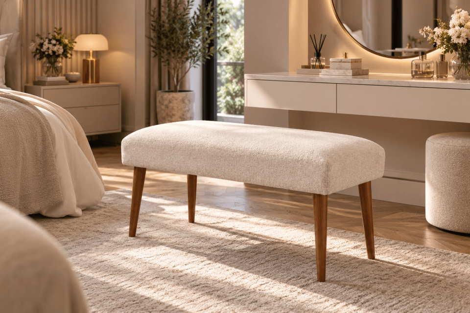 Krem Dokulu Kumaş Döşemeli Ahşap Ayaklı Modern Bench