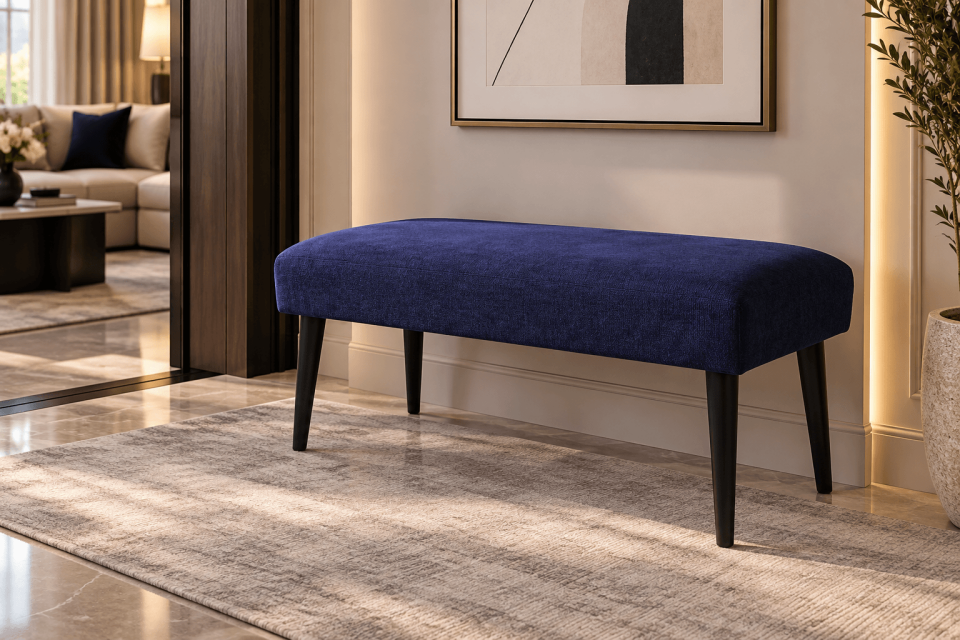 Lacivert Dokulu Kumaş Döşemeli Siyah Ayaklı Modern Bench