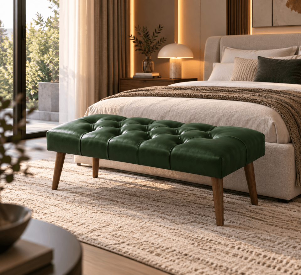 Yeşil Kapitoneli Deri Görünümlü Döşemeli Ahşap Ayaklı Modern Bench