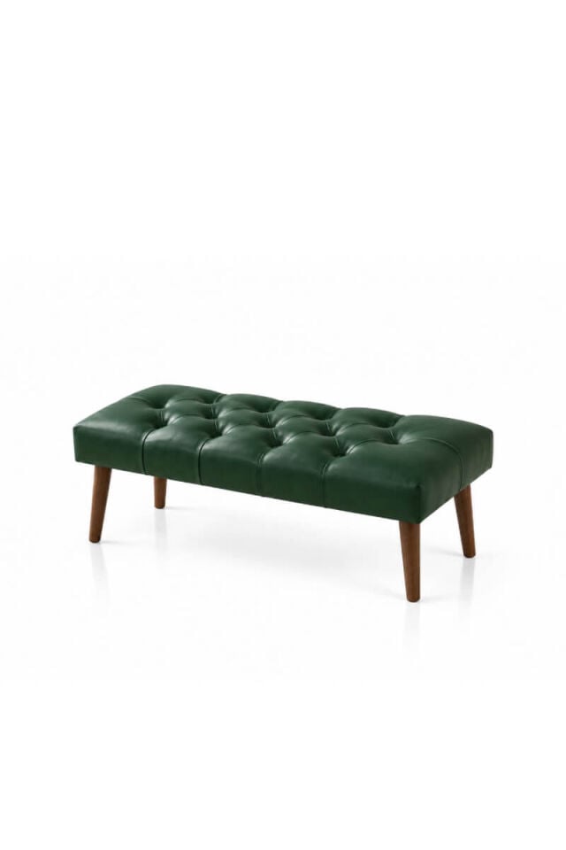 Yeşil Kapitoneli Deri Görünümlü Döşemeli Ahşap Ayaklı Modern Bench
