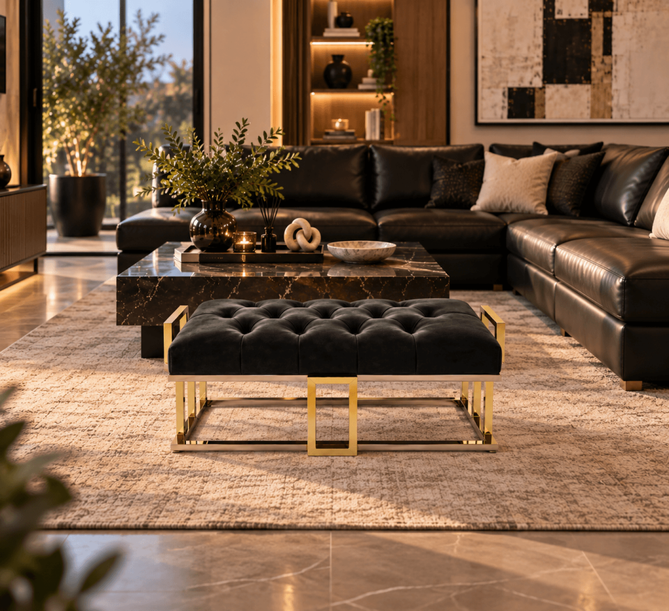 Siyah Kapitoneli Kumaş Döşemeli Gold Metal Ayaklı Lüks Bench