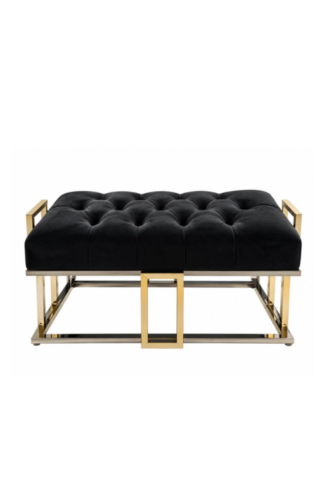 Siyah Kapitoneli Kumaş Döşemeli Gold Metal Ayaklı Lüks Bench