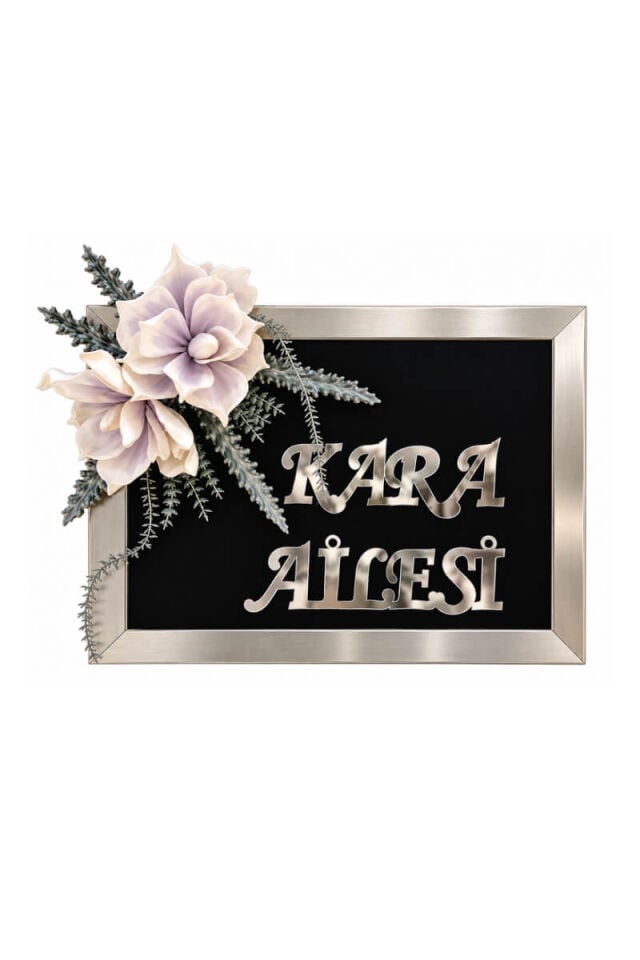 Çiçek Detaylı Gümüş Çerçeveli İsimlik ve  Çiçekli Paspas Takımı