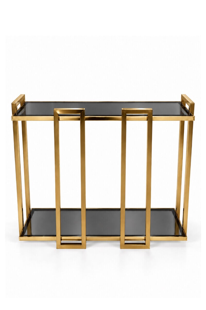 Gold Metal Gövdeli Füme Camlı İki Katlı Dekoratif Dresuar