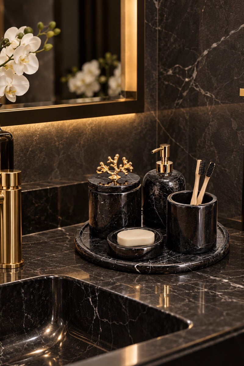 Siyah Mermer Gold Detaylı Yedi Parça Banyo Aksesuar Seti