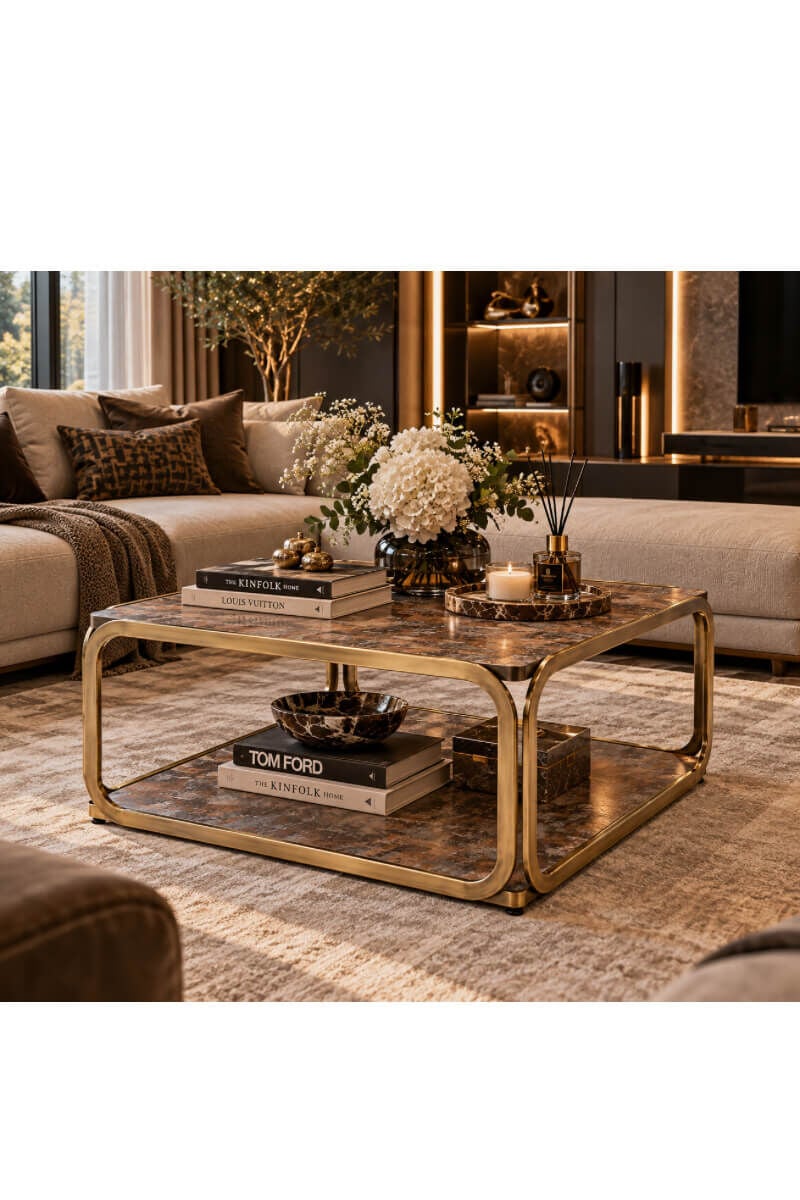 Eskitme Gold Metal Gövdeli Lak Panel İki Katlı Kare Orta Sehpa