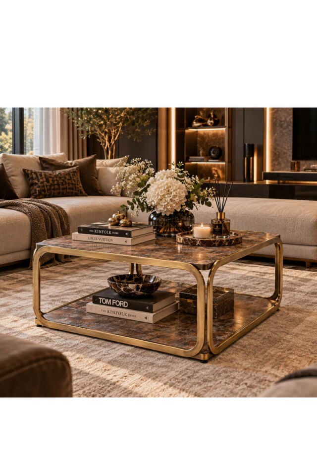 Eskitme Gold Metal Gövdeli Lak Panel İki Katlı Kare Orta Sehpa