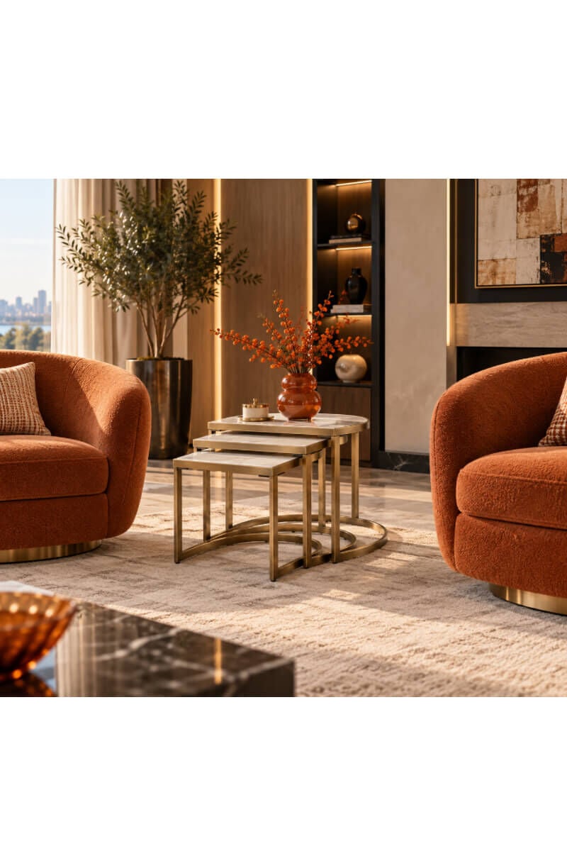 Eskitme Gold Mat Metal Gövdeli Lak Panel D Form Üçlü Zigon Sehpa Takımı