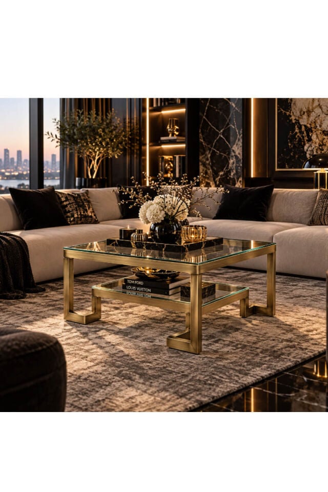 Eskitme Gold Metal Gövdeli Şeffaf Cam Tablalı İki Katlı Kare Orta Sehpa