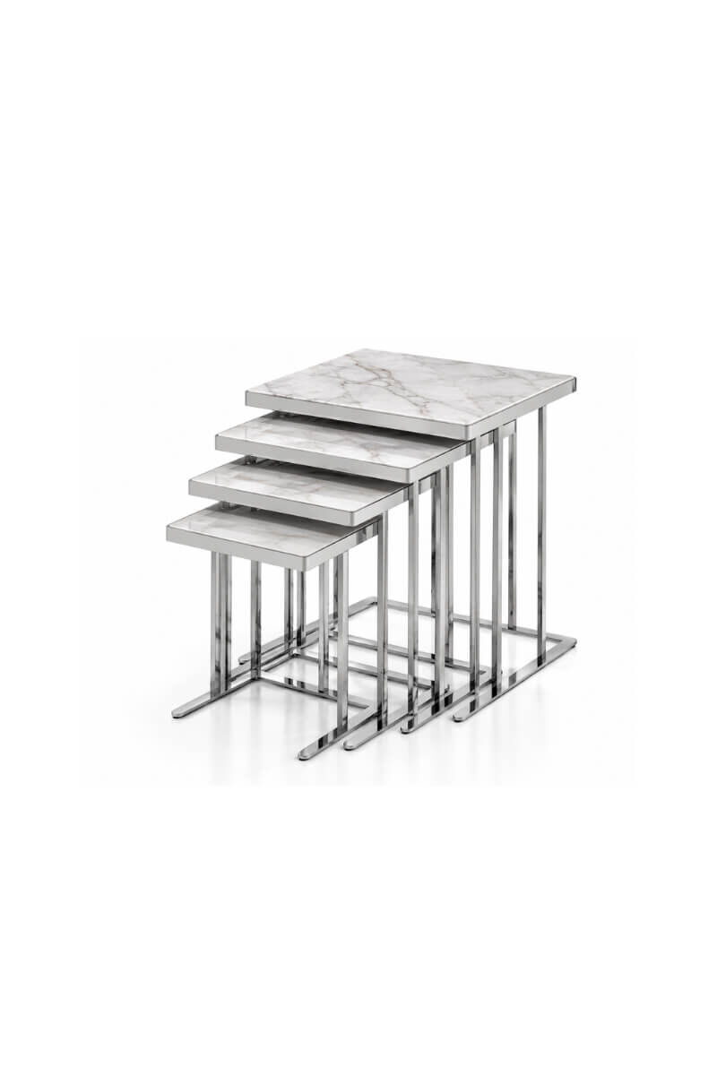 Gümüş Metal Gövdeli Mermer Desenli Lak Panel  Dörtlü Zigon Sehpa