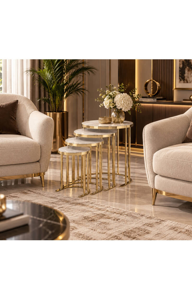 Gold Metal Gövdeli Beyaz Mermer Desenli Lak Panel Yuvarlak Dörtlü Zigon Sehpa