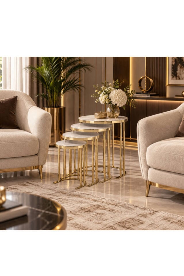 Gold Metal Gövdeli Beyaz Mermer Desenli Lak Panel Yuvarlak Dörtlü Zigon Sehpa