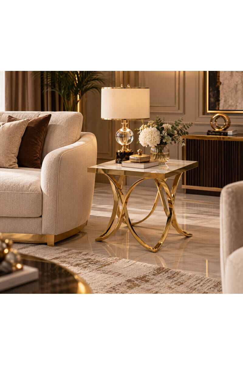 Gold Metal Gövdeli Beyaz Mermer Desenli Lak Panel Kare Dekoratif Yan Sehpa