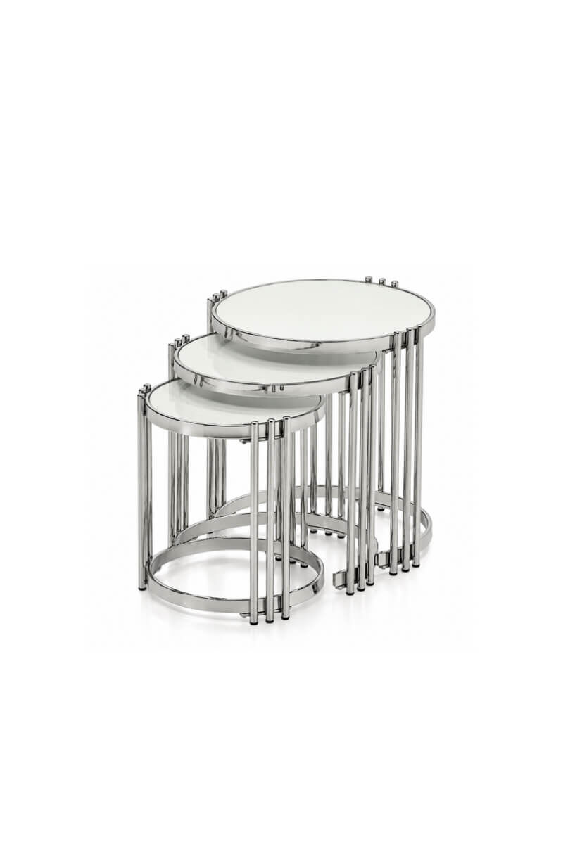 Parlak Gümüş Metal Gövdeli Lak Panel Tablalı Üçlü Yuvarlak Zigon Sehpa
