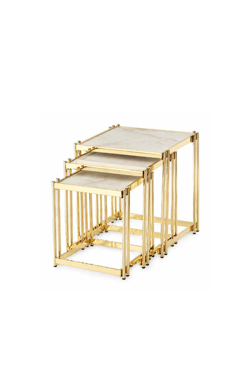 Gold Kaplama Metal Gövdeli Beyaz Mermer Görünümlü Lak Panel Üçlü Kare Zigon Sehpa