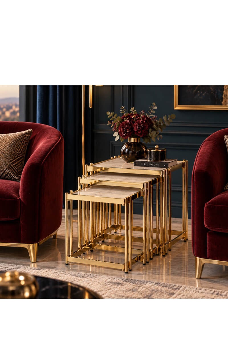 Gold Kaplama Metal Gövdeli Beyaz Mermer Görünümlü Lak Panel Üçlü Kare Zigon Sehpa