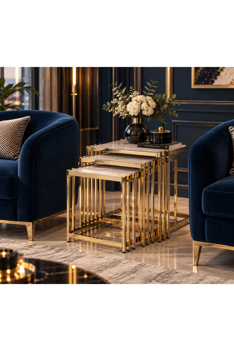 Gold Metal Ayaklı Beyaz Mermer Görünümlü Lak Panel Üçlü Zigon Sehpa Takımı