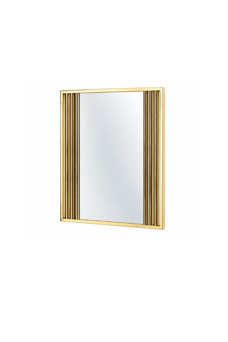 Gold Metal Çerçeveli Dikey Çubuk Detaylı Dekoratif Duvar Aynası