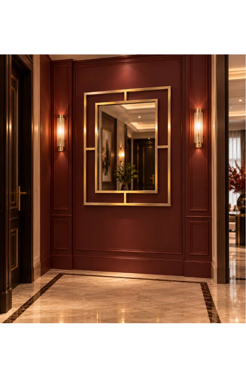 Gold Metal Çerçeveli Geometrik Desenli Dekoratif Duvar Aynası