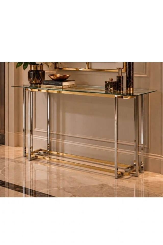 Gold ve Gümüş Metal Gövdeli Şeffaf Cam Tablalı Dekoratif Dresuar